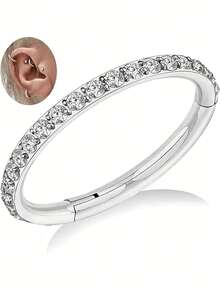 316L医用级不锈钢锆石耳环，16G，6mm/8mm/10mm/12mm可选 - 低过敏性铰链式耳扣，适用于鼻中隔、耳软骨、耳廓、耳屏、耳甲腔、内耳等部位，男女皆宜的礼物 - 銀色 - 查看 1