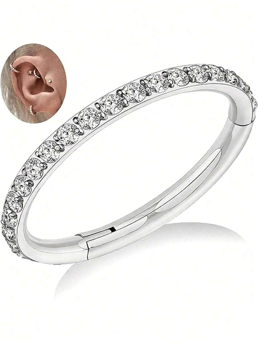 316L医用级不锈钢锆石耳环，16G，6mm/8mm/10mm/12mm可选 - 低过敏性铰链式耳扣，适用于鼻中隔、耳软骨、耳廓、耳屏、耳甲腔、内耳等部位，男女皆宜的礼物 - 銀色 - 查看 1