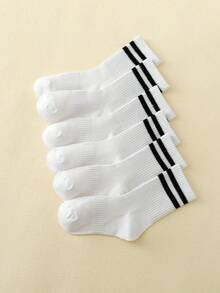 6pairs Children's Sport High Socks With Black/White Stripes, Spring And Summer - White - View 5