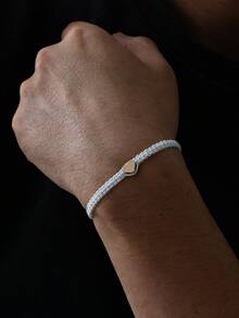 1件简约时尚通勤金属爱心手工可调节男女通用情侣手链，情人节约会礼物，男士饰品 - 白色 - 查看 1