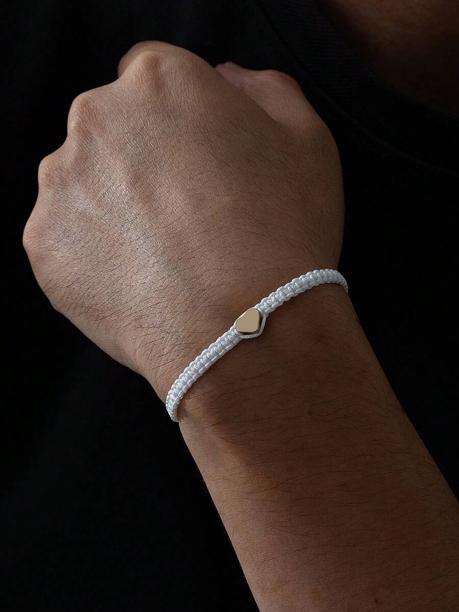 1件简约时尚通勤金属爱心手工可调节男女通用情侣手链，情人节约会礼物，男士饰品 - 白色 - 查看 1