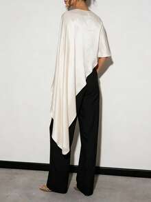 Women Asymmetrical Hem Poncho Shawl Wraps Satin Silky Round Neck Dressy Cape Top Flowy Loose Fit Cover Up Blouse - 白色 - 查看 6