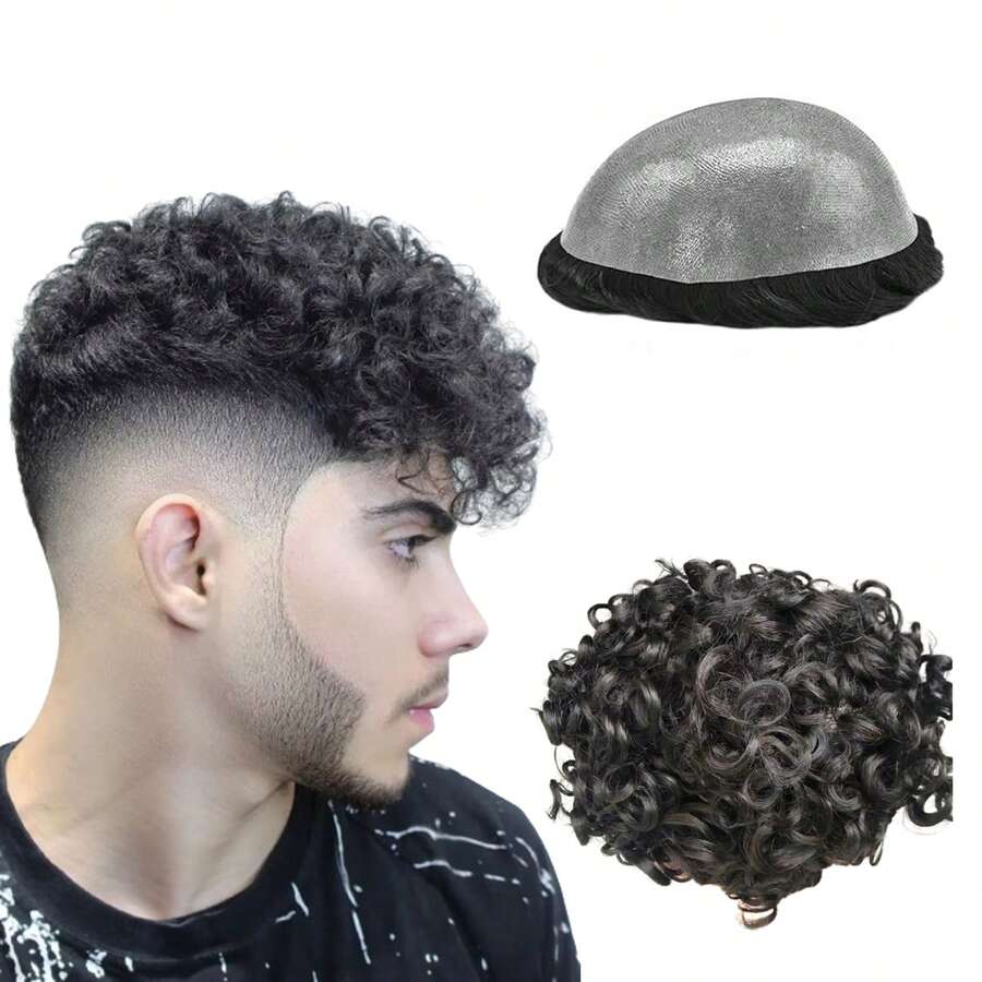 N.L.W. Human Hair Toupee For Mens Wig With HD Swiss Lace 10x8 Base Size 6" Length Prosthesis Men Patch Units Implant 10mm Spanish Curly Wave Hair Pieces Replacement System For Man - 1B Natural Black - View 1