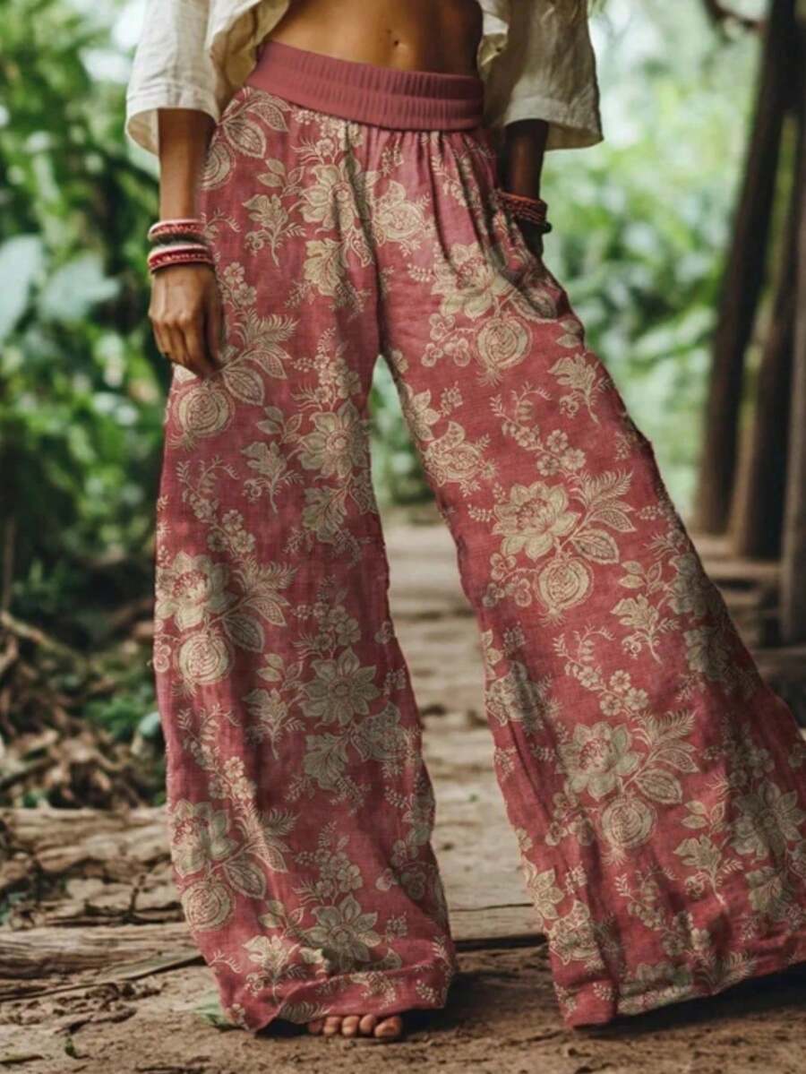 Women's Floral Wide-Leg Pants: Drawstring Waist Boho Trousers With Pink Botanical Print For Spring & Summer, Garden Party, Casual Outings & Boho Chic Style. - Màu hỗn hợp 8 - Xem 1