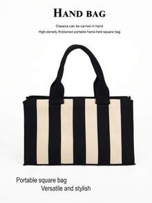 1pc Black & White Striped Minimalist Lightweight Foldable Open-Top Tote Bag, Fashionable For Outings, Commuting, Photography, Suitable For All Seasons - Multicolor - View 8