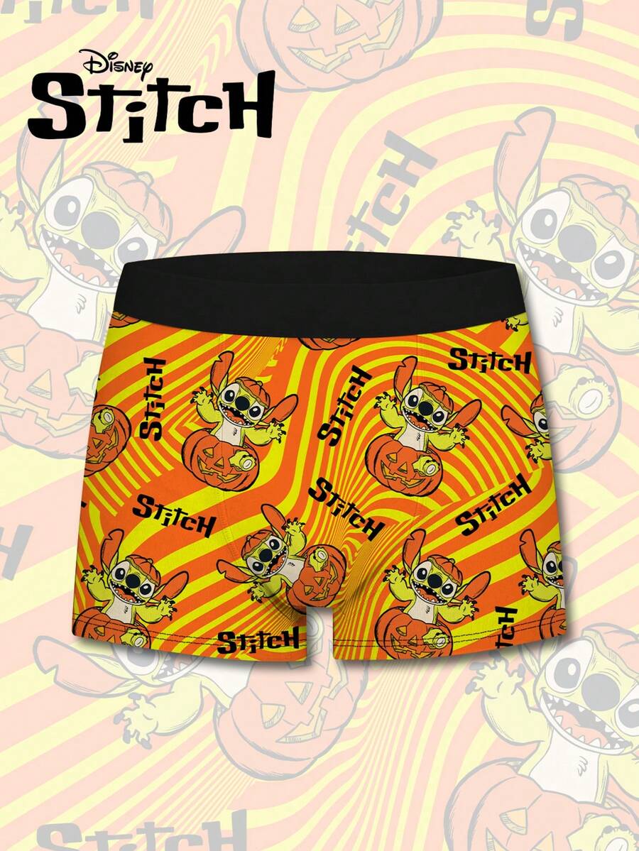 Disney 迪士尼史迪奇南瓜条纹3D印花男士平角内裤，时尚设计，适合日常穿着和居家休闲。