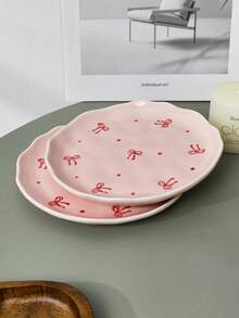 1个/2个法式可爱粉色蝴蝶结陶瓷餐盘，手绘釉面，西式牛排/意面盘，水果沙拉盘，甜点蛋糕盘，节日礼物，送女友的礼物