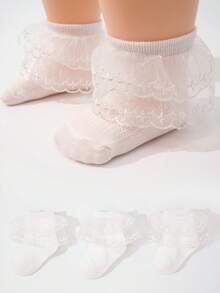 3双蕾丝刺绣精致女童袜，甜美儿童舞蹈袜，婴儿袜 - 白色 - 查看 10