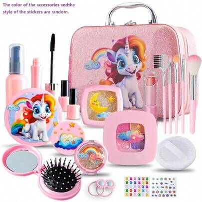 Kids Makeup Set, Girls Makeup Toys, Realistic Princess Makeup Handbag, Eyeshadow And Lipstick Birthday Gift Box (Accessories Color And Sticker Style Random)