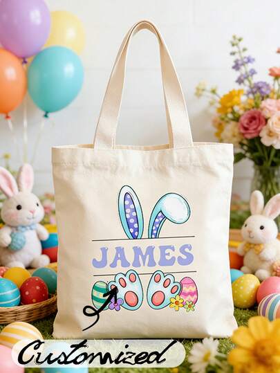 Custom Easter Tote With Name, Easter Egg Hunt, Personalized Easter Gift, [Customized Easter Tote Bags] Colorful Easter Bunny Custom Name Tote Bags, Custom Name Gifts, Large Reusable Easter Tote Bags, New Year's Party Supplies Gifts, Holiday Packaging And Storage Personalized Canvas Shoulder Bags, Ideal Gifts For Birthday Celebrations.