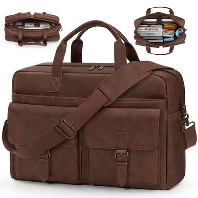 NEWHEY Herrportfölj, axelväska, 16-tums läderväska, arbetsportfölj, vintage herraxelväska för affärer, kontor och resor, brun