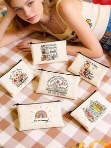 Lot de 5/2/1 sacs de rangement zippés en toile à motifs floraux et lecture, sacs d'emballage cadeau avec inscription motivante << Tu es génial(e) », parfaits pour la rentrée scolaire, les fêtes de remise de diplômes, les voyages, les anniversaires, la fête des professeurs, les cadeaux pour les camarades de classe, les amis, les étudiants et les enseignants. - Beige - Voir 3