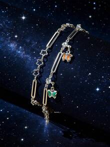 1条多层金属星星、太阳、月亮手工链条珍珠手链，适合女士日常佩戴 - 鏤空鋯石星星銀色 - 查看 18