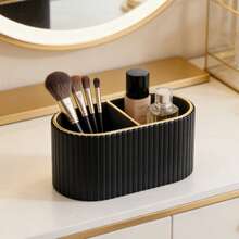 Hộp đựng cọ trang điểm/Hộp trưng bày mỹ phẩm bằng da PU/Giá đựng cọ trang điểm kẻ sọc cổ điển - Thích hợp để trang trí bàn trang điểm, mặt bàn phòng tắm, hộp trưng bày mỹ phẩm trên bàn làm việc (màu kem), trang trí phòng trang điểm. - Nhiều màu - Xem 8