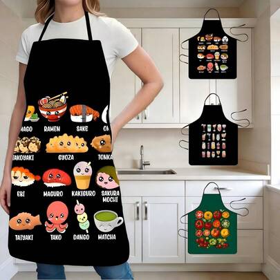1件创意水果蔬菜、饮料、寿司图案围裙，适合烹饪、烘焙、厨房、庭院烧烤、家庭聚会，创意厨师礼品