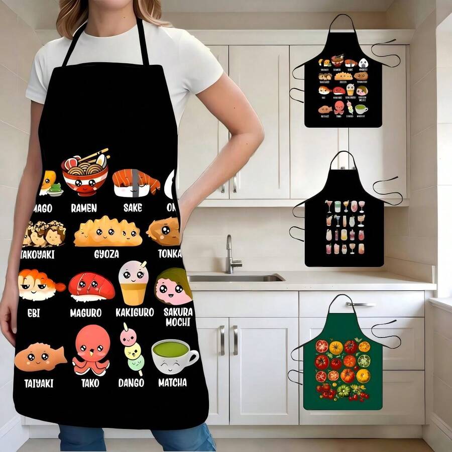 1件创意水果蔬菜、饮料、寿司图案围裙，适合烹饪、烘焙、厨房、庭院烧烤、家庭聚会，创意厨师礼品 - 彩色 - 查看 1