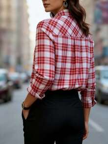 女士常规袖格子衬衫，纽扣前襟翻领长袖衬衫 - 紅色 - 查看 3