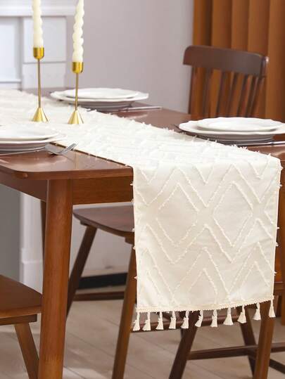 1pc Beige Bohemian Style Jacquard Decorative Table Runner, Living Room, Dining Room, Holiday Home Decor, Linen Fabric, Diamond Texture, Tassel Trim