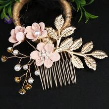 4pcs/Set Women's Hair Accessory, Gold-Tone Alloy Leaf Hairpin And Fabric Flower Comb Set, White Pearl & Rhinestone Hair Clip, Bride Wedding Hair Ornament Elegant Boho - Pink - View 8