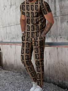 男士印花圆领短袖T恤和长裤套装，四季皆宜 - 彩色 - 查看 1