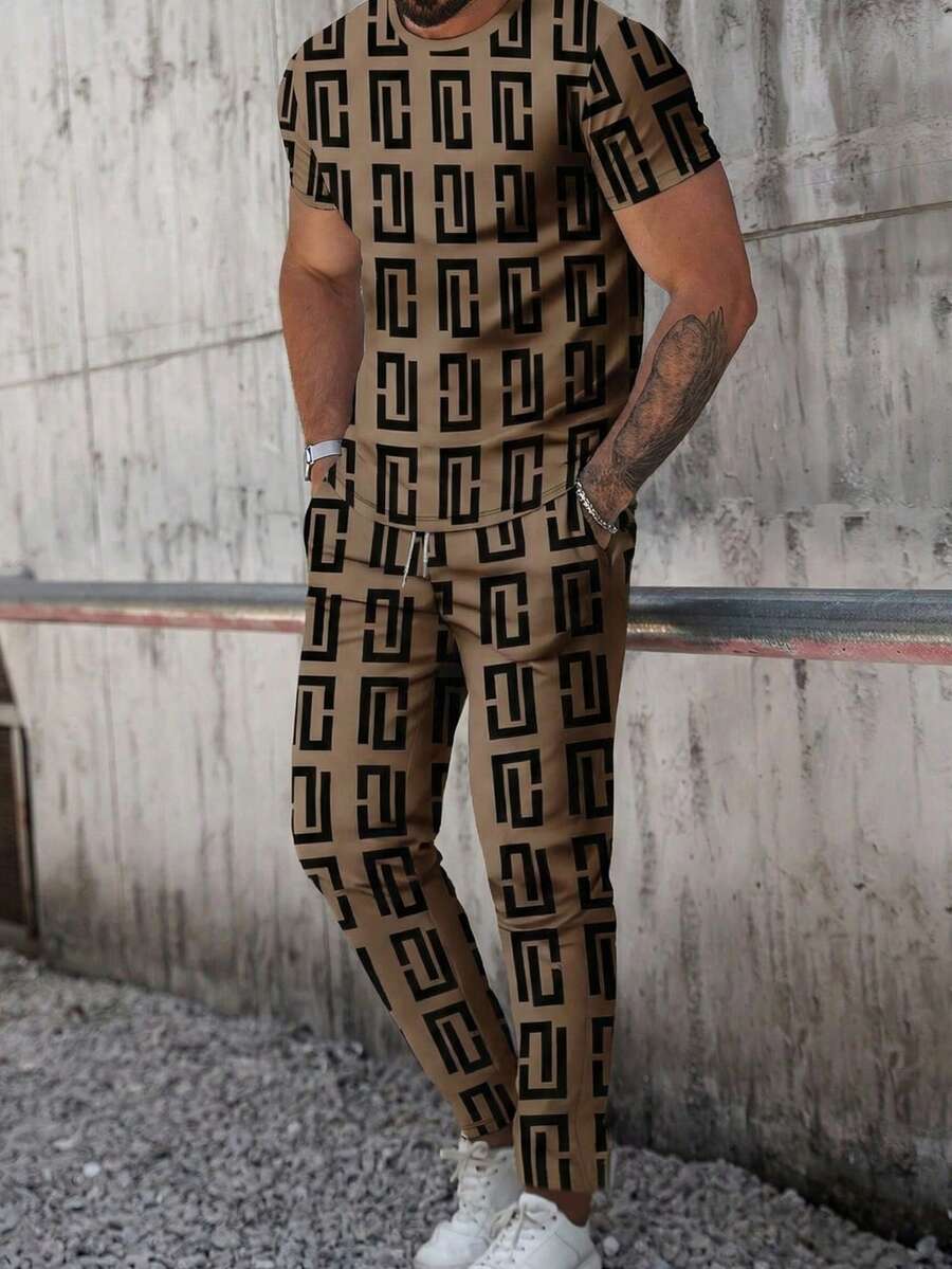 男士印花圆领短袖T恤和长裤套装，四季皆宜 - 彩色 - 查看 1