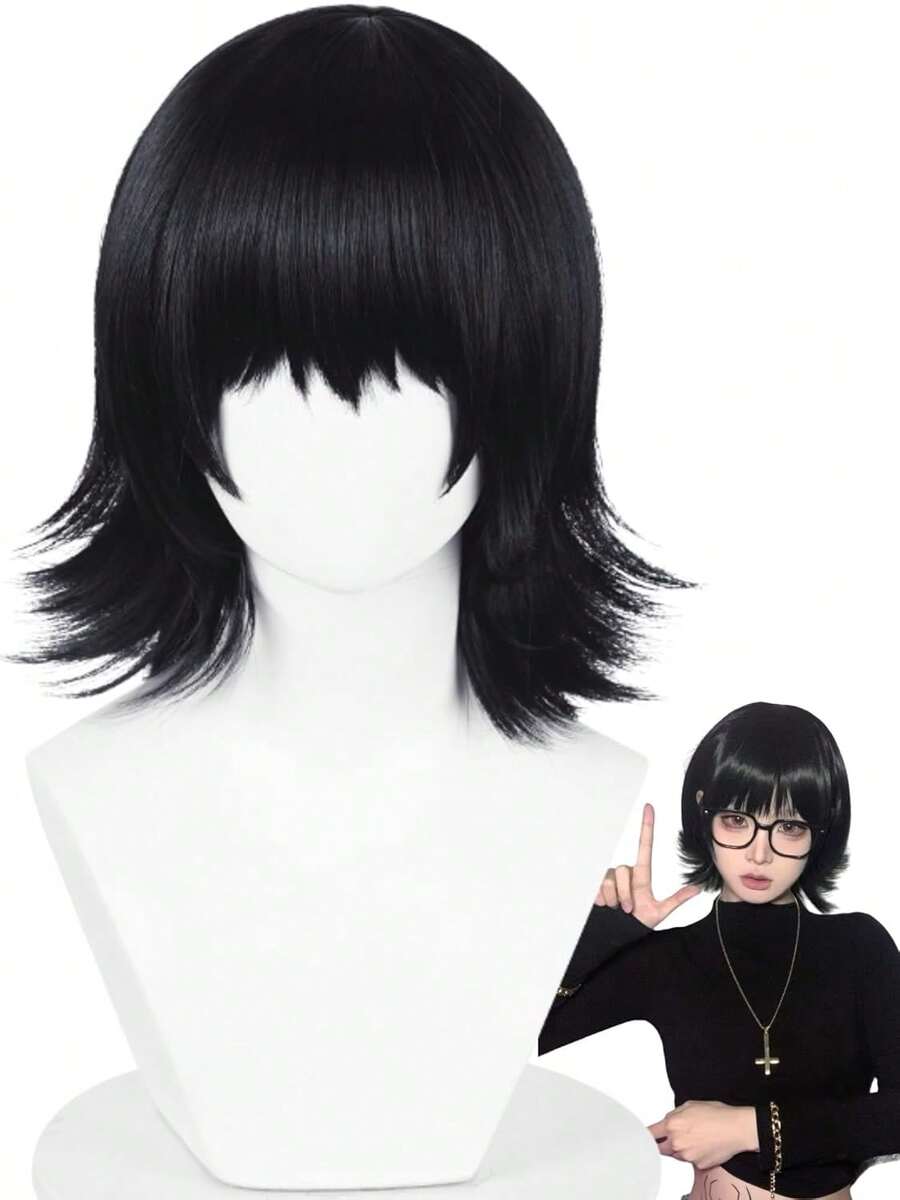 Anime Cosplay Wig, Long And Short Synthetic Hair, Suitable For Halloween Costume Parties, With Free Wig Cap - màu đen - Xem 1