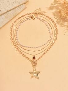 4pcs/Set Faux Pearl Starfish Pendant Necklace, Fashion Versatile Gold Bead Chain Choker Necklace, Suitable For Daily Wear, Beach Vacation, Dating, Photography Decoration - Gold - View 2