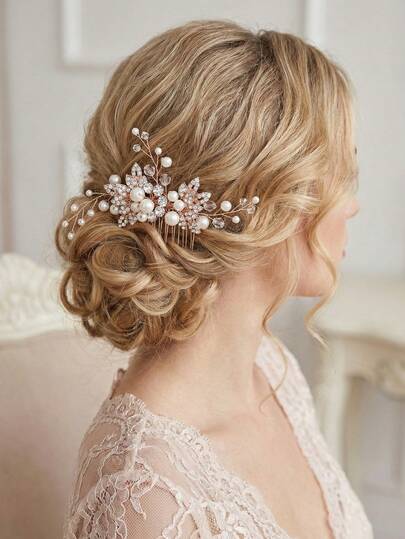 1pc Rose Gold Rhinestone & Faux Pearl Decor Floral Hair Comb, Elegant Bridal Wedding Party Hair Accessory