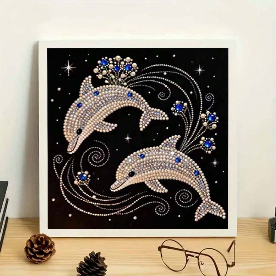 New Pearl Painting Dolphin Playing Theme Frameless DIY Handmade Sticky Diamond Creative Diamond Painting Kit, Suitable For Bedroom Decoration, Living Room Hanging Paintings, Room Decoration, Artwork, Birthday Gifts For Friends, Christmas, New Year, Valentine's Day, Holiday Gifts Full Of Novelty. - Multicolor - View 1