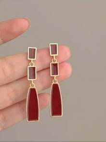 1 Pair Elegant Red Geometric Square Tassel Earrings, Suitable For Women's Daily, Festival And Party Wear - Burgundy - View 3