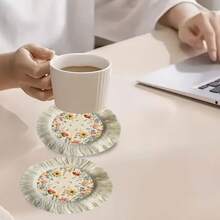 1/4/6pcs Spring And Summer Collection, Floral And Leaf Print With Butterfly Design Linen Table Mat/Coffee Cup Coaster - Multicolor - View 10