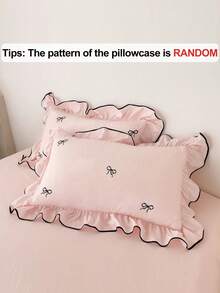2/3件套粉色蝴蝶结刺绣荷叶边被套套装，复古可爱女孩床上用品套装，柔软透气，可机洗，四季皆宜，拉链封口，女孩礼物，卧室装饰（1个被套+1/2个枕套，不含被芯）