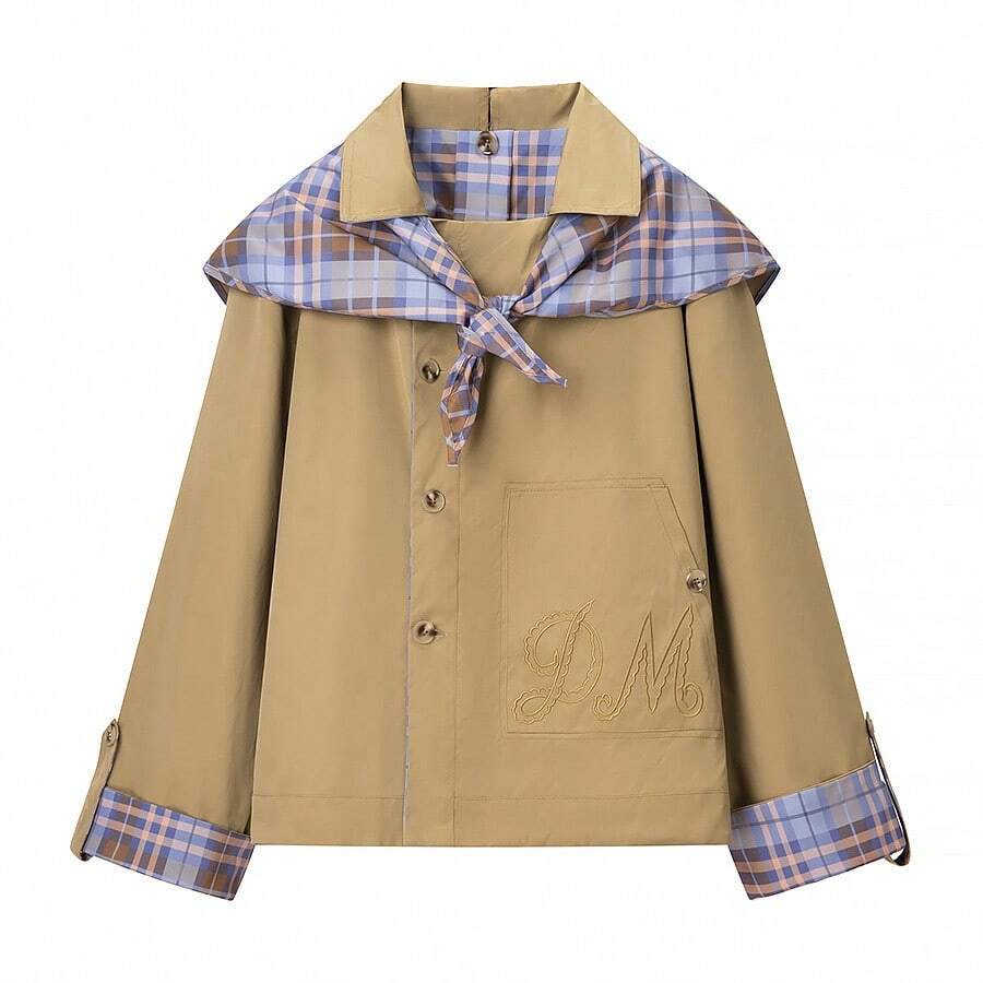 European And American Style Women's Clothing Autumn New Fashion Loose Versatile Reversible Plaid Embroidered Jacket - Màu Khaki - Xem 1