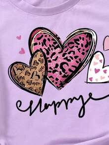 Young Girl Summer Casual Heart Print Short Sleeve T-Shirt - Mauve Purple - View 3