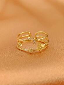 1枚可调节新月形戒指，镶嵌多层星形钻石，闪耀夺目，斋月和开斋节送给女性的礼物，奢华精致珠宝 - 星月 - 查看 2