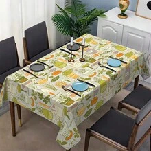 1pc Vintage Kitchenware Print Tablecloth - Rectangular Polyester Machine-Woven, Green With Orange & White Retro Cooking Utensil Design, Perfect For Home Decor, Holiday Parties, TV Stands & Coffee Tables - All-Season Use - 彩色 - 查看 2