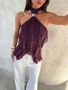Women's Elegant Multi-Layer Ruffle Trim Stand Collar Fitted Top Purple P0AY - màu đen - Xem 3