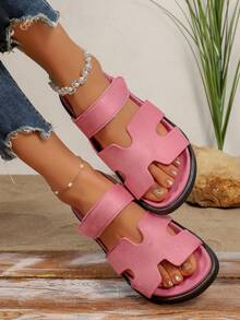 Zapatillas cómodas de mujer con punta abierta, suela plana y gruesa, básicas para uso diario, zapatos de vacaciones, zapatos casuales, zapatos de playa, material de PU/cuero artificial - Rosa - Ver 6