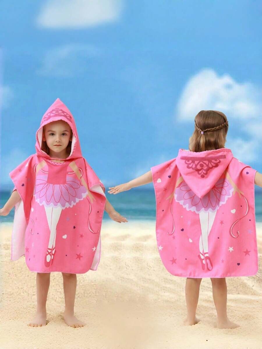 1pc Cartoon Print Kids Hooded Bath Towel, Quick Dry Beach Poncho, Unisex For Babies & Toddlers - Ballet Girl - View 1
