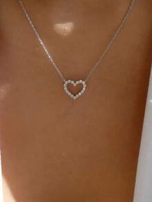 1pc Rhinestone Hollow Heart Pendant Necklace, Valentine's Day - Silver - View 2