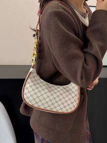 Korean Retro Crescent Moon Shaped Bag, Fashionable Casual Printed Shoulder Bag, Underarm Bag - Multicolor - View 11