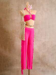 New European & American Style Fuchsia Strapless Crop Top + Side Ruffle Sheer Wide Leg Pants 2-Piece Vacation Outfit For Women - Hot Pink - View 8