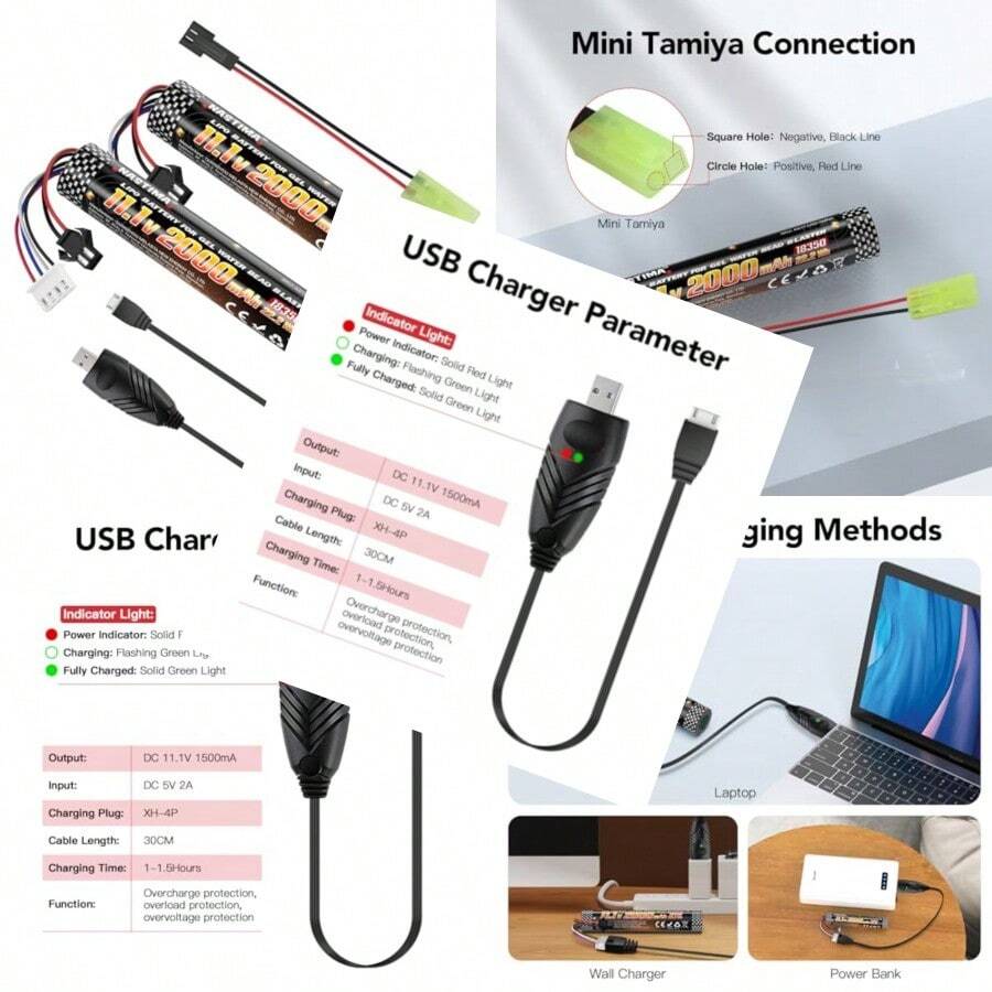 2 paquetes de baterías de gel de agua NASTIMA Airsoft de 11.1V 2000mAh con conector SM2P para marcadoras de airsoft y bolas de pintura, con cable de carga. Lleno de diversión - como en la foto - Ver 1
