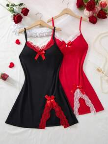 2件套女士情人节蕾丝边蝴蝶结装饰侧开衩下摆吊带睡裙 - 彩色 - 查看 1