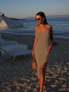 女士时尚优雅性感简约纯色休闲针织罩衫沙滩裙，夏季 - 卡其色 - 查看 5