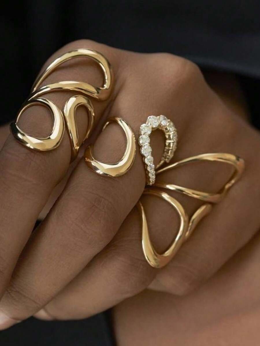 3pcs Fashionable Rhinestone Geometric Adjustable Rings Set, Suitable For Women's Daily, Date, Party, Stacking - Yellow Gold - View 1