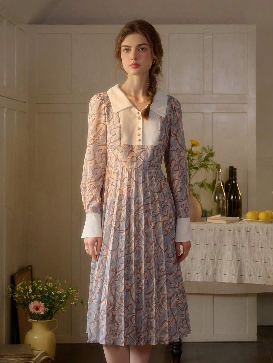 Simple Retro Women's Spring Doll Collar Stitching, Contrasting All-Over Print, Elegant Temperament, Loose Casual Long Dress - Gray Blue - View 1