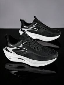 Men's Breathable Mesh Round Toe Casual Lace-Up Athletic Sneakers, Thick Sole Lightweight Running Shoes Suitable For Daily Walking And Tennis - Black - View 5