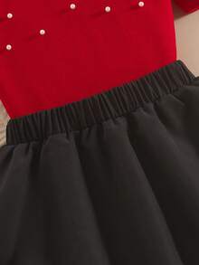 Conjunto de 2 peças com Top de Gola Redonda e Manga Bufante com Decoração de Pérolas e Saia com Bainha Franzida e Cintura Elástica, Estilo Vintage, Primavera/Verão - Vermelho - Visão 6