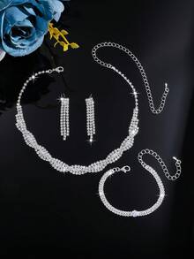 4-Piece Shiny Crystal Rectangular Necklace And Earring Jewelry Set, Copper Material, Suitable For Weddings, Parties, And Valentine's Day Gifts - White - View 4